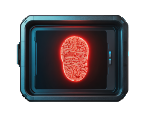 biometric fingerprint scanner displaying red fingerprint on high security device. This advanced technology ensures secure access and identity verification