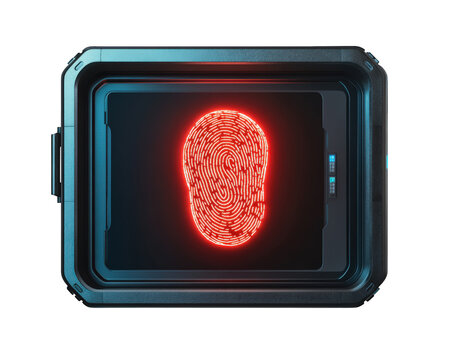 biometric fingerprint scanner displaying red fingerprint on high security device. This advanced technology ensures secure access and identity verification