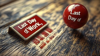 Last Day of Work Sign and Ball on Wooden Desk Surface
