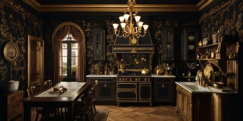 Elegant Dark Kitchen with Gold Accents and Floral Wallpaper