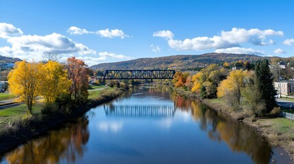 Autumn River Reflection With Bridge And Colorful Trees