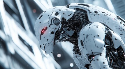 Futuristic white robot with red eyes, bowed head, in a city.