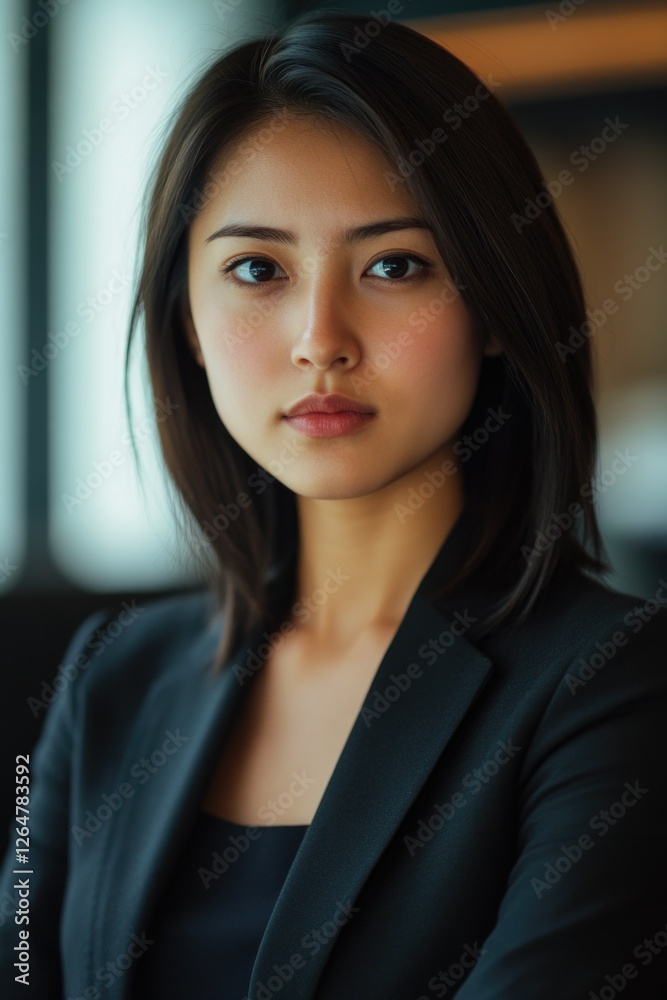 Sticker Smiling woman in a black suit with short hair, posing for a professional portrait.