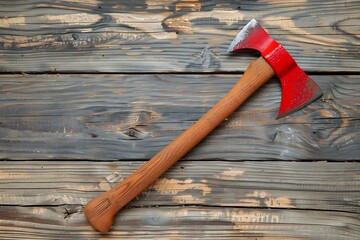 Red axe on a wooden background