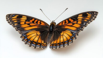 Obraz premium Close-up of a butterfly with orange and black wings, detailed patterns, and delicate antennae, isolated on a plain white background.