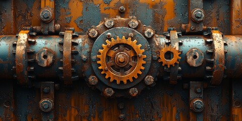 Factory-Themed Mechanical Structure with Rusted Gears and Pipes
