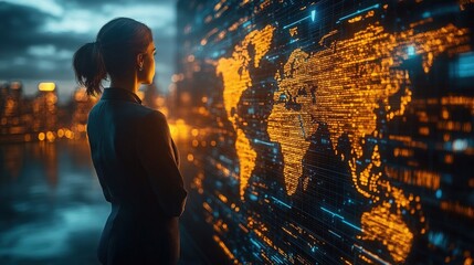 Fototapeta premium Businesswoman Analyzing Digital World Map Visualization at Night