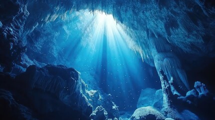 Underwater cave with light beam.