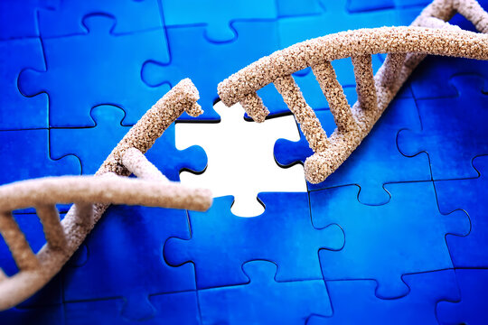 missing jigsaw puzzle piece and broken DNA chain - problem solving and rare disease day concept, 300dpi, 3d illustration