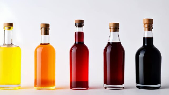 Premium Non-Alcoholic Spirits Collection Featuring Colorful Bottles with Wooden Caps Stylishly Arranged in a Row on White Background Emphasizing a Trendy Alternative to Traditional Liquors