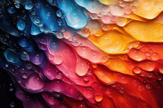 Colorful abstract oil and water mixture with bubbles swirling in vibrant patterns over a dark background