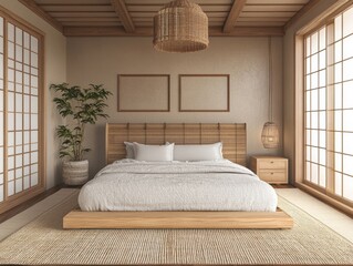 Fototapeta premium Natural light illuminates a calming bedroom in japanese style