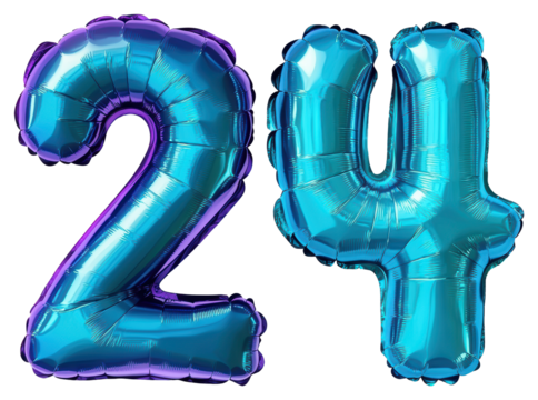 Turquoise Foil Number 24 Balloon Floating on a Transparent Background Decoration