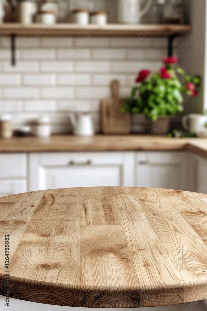 Poster the beautiful round wood tabletop stands invitingly in a sunlit kitchen, surrounded by tasteful deco