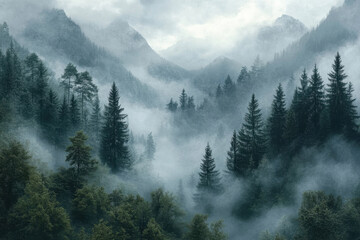Mysterious fog envelops mountainous forest landscape during early morning hours