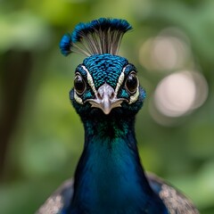 Naklejka premium Majestic peacock stares, jungle backdrop, wildlife portrait