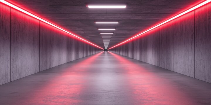 Sustainable Transport infrastructure policy concept. Futuristic hallway with red neon lights and concrete walls.