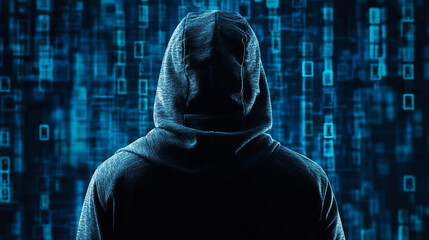 Mysterious Individual in Hoodie Facing Digital Matrix of Binary Code, Represents Cybersecurity Concept