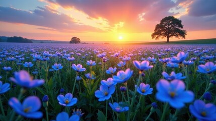 Fototapeta premium Serene Sunset Over a Vast Field of Vibrant Blue Flowers, a Solitary Tree Silhouetted Against the Golden Sky