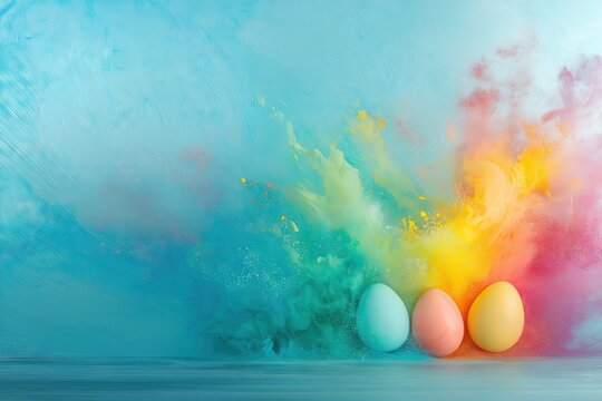 Colorful Easter Eggs Exploding with Vibrant Powder Against a Painted Blue Background - Space for Text
