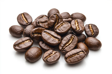 Obraz premium A collection of dark roasted coffee beans arranged artistically on a white background. isolated on white background.