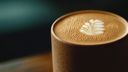 Latte art, coffee shop, closeup, textured mug, dark background