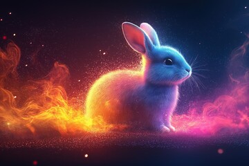 Vivid Neon Rabbit Surrounded by Fiery Colors in a Digital Art Scene against a Black Background