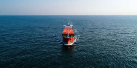 Obraz premium Sustainable Transport infrastructure policy concept. Cargo ship navigating through calm blue waters under a clear sky.