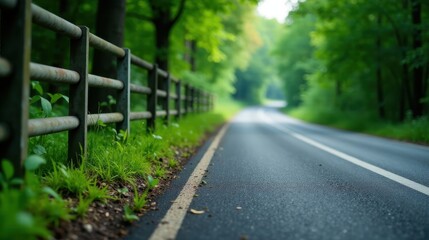 Obraz premium Serene Roadside Scene Metal Fence, Lush Greenery, and Asphalt Path