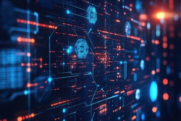 Fototapeta premium Futuristic Digital Network Background with Glowing Data Points and Circuit Board Elements