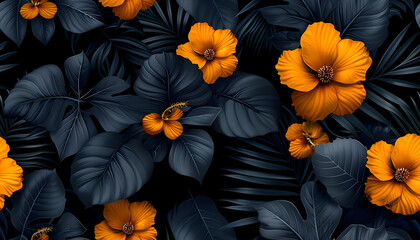 A vibrant pattern of orange hibiscus flowers and dark foliage.