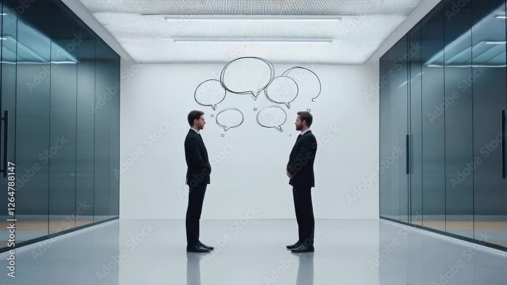 Poster Two businessmen stand face to face in a modern office, discussing with speech bubbles appearing above their heads in a slow motion sequence