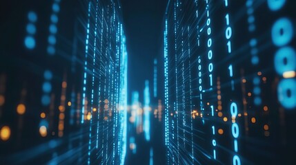 The background of advanced digital technology, binary code, and digital cityscapes, with a serene blue theme, embodies the power of online data flow in modern commerce.