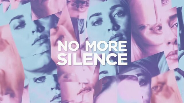 Slow motion video featuring a collage of diverse women's faces, symbolizing a powerful message against domestic violence and promoting empowerment