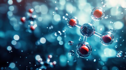 A close-up of large water molecules bonded together by small spheres, embodying the essence of chemical science and natural mechanics.