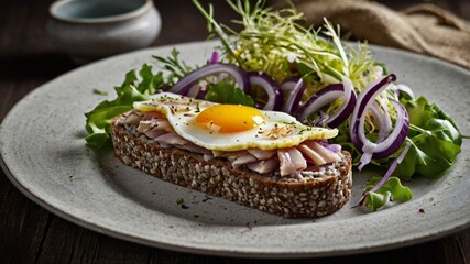 Delicious smorrebrod with herring, fresh herbs, and pickled onions on rustic bread, a taste of Scandinavian cuisine.