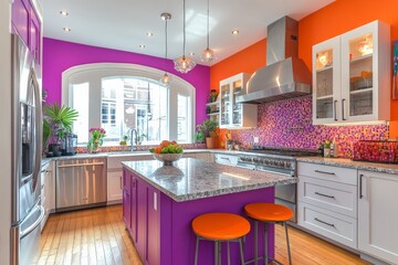 Fototapeta premium Vibrant kitchen with purple and orange accents featuring modern appliances and a spacious layout for cooking and entertaining