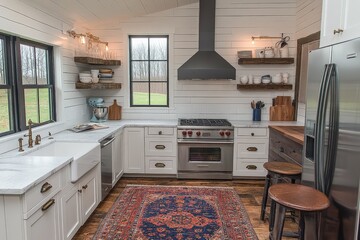 Modern farmhouse kitchen featuring white cabinets, wooden accents, and an elegant rug in a tranquil rural setting