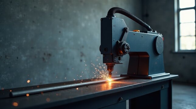 Precise Metal Cutting Machine in Action Sparks Fly During Industrial Fabrication Process
