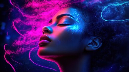 Woman, neon, portrait, cosmic, background, beauty, art, digital, ad