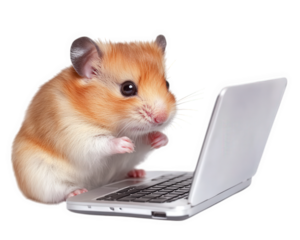 hamster using tiny laptop, looking like tech savvy pet. This adorable scene captures charm of small animal engaging with technology, evoking sense of whimsy and fun