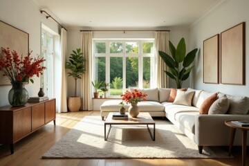 Fototapeta premium Bright Sunlight Illuminates a Modern Living Room with Plush Sectional Sofa and Earthy Decor