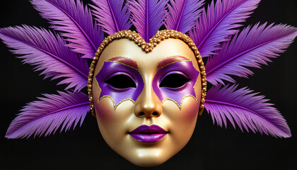 Vibrant feathered mask in purple and gold with ornate details, celebration of Mardi Gras