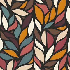 A vibrant pattern of stylized leaves in warm colors against a dark background.