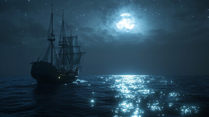 Fototapeta premium A mysterious pirate ship glides across the moonlit ocean, its sails billowing in the night breeze.