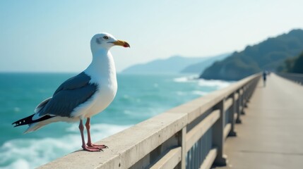 A solitary seabird perched on a coastal walkway, overlooking a tranquil ocean scene under a bright sky