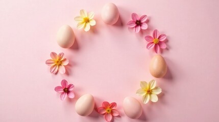Obraz premium Pastel Eggs and Blossoms Arranged in a Circular Frame on Pink Background