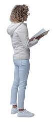 Woman holding a booklet and looking around