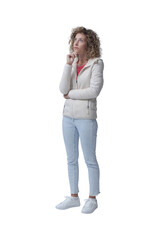 Woman standing and thinking with hand on chin