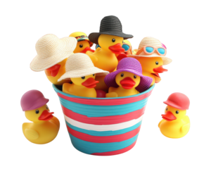 Colorful beach bucket filled with rubber ducks wearing hats and sunglasses, creating fun and playful atmosphere. Perfect for summer themes and children activities